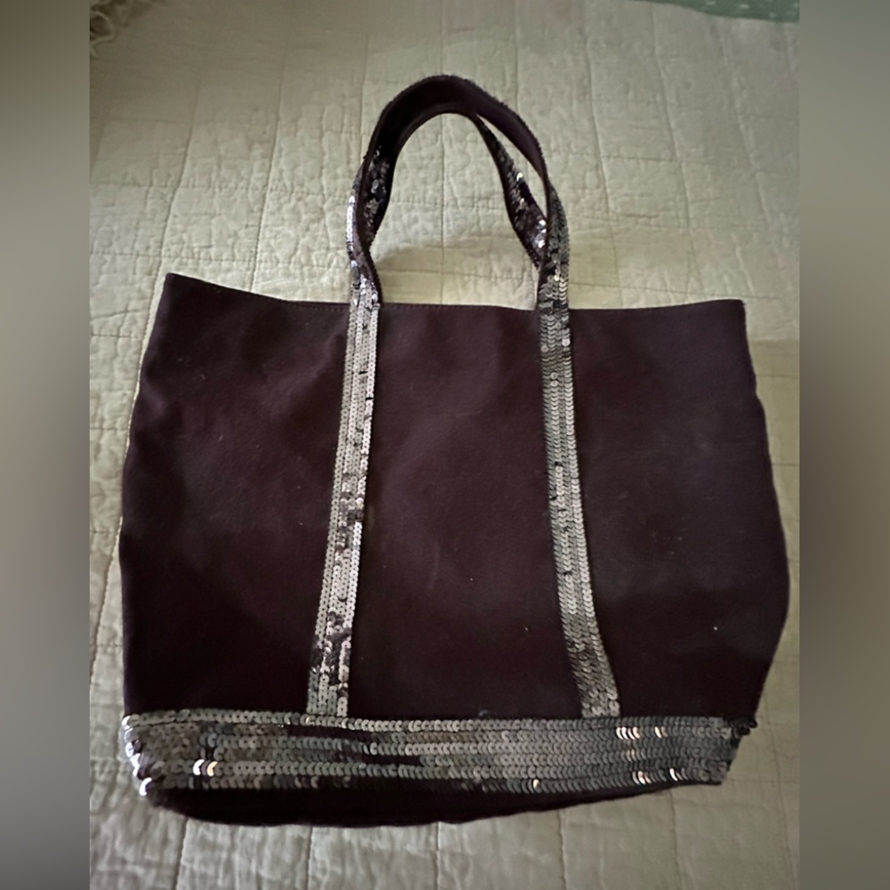 Vanessa Bruno Elegant Sequin-Trimmed Deep Mulberry Tote Bag